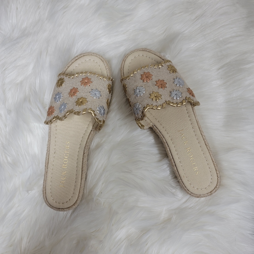 Jack Rogers platform slide sandals tan metallic floral size 7.5 - Picture 3 of 6